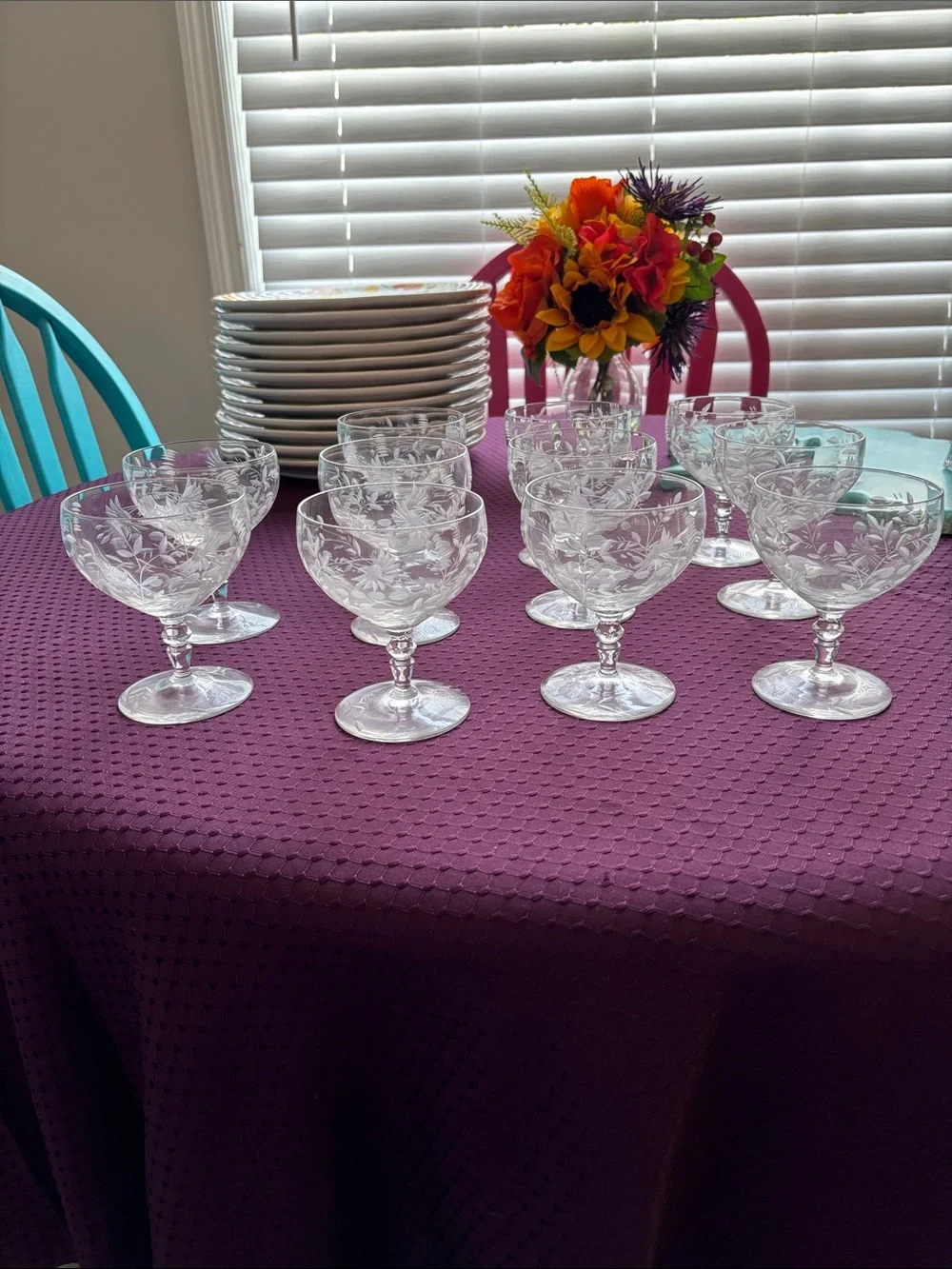 11 Elegant Vintage Etched Crystal or Glass Champagne Coupes/Sherbet dishes